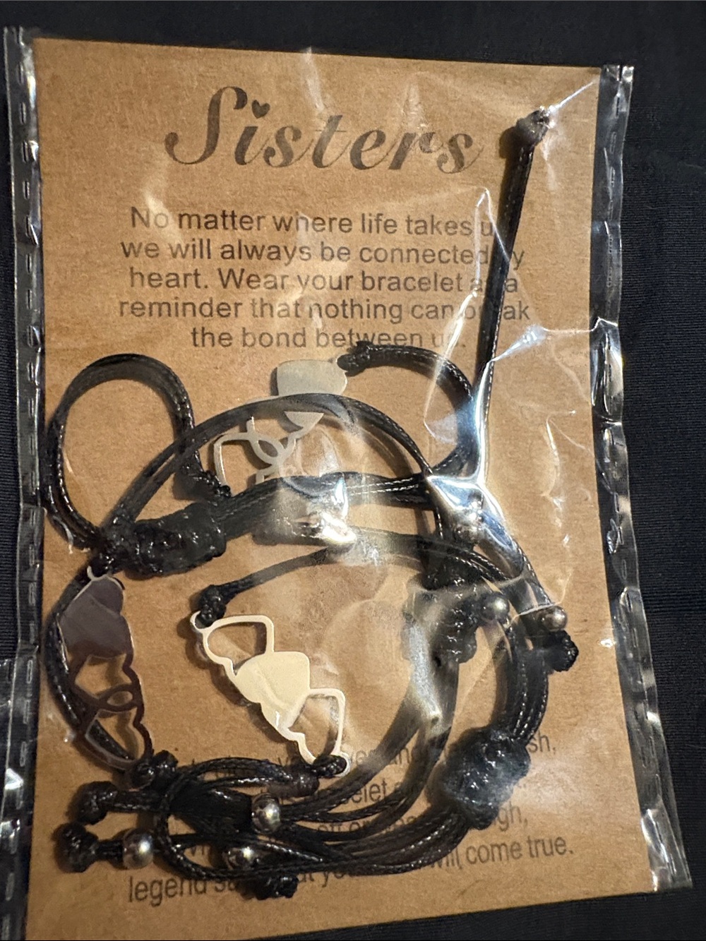 Sisters Adjustable Black Cord Friendship Bracelet Set